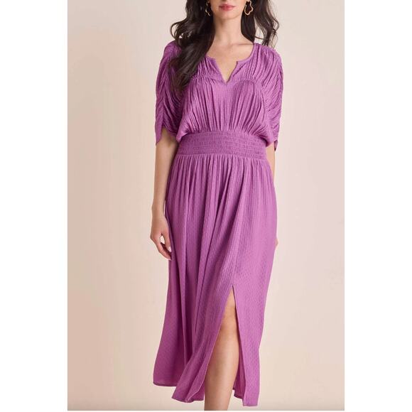 Venus Purple Textured Short Sleeve V-Neck Midi Dress Small Cattleya Orchid - Picture 1 of 10
